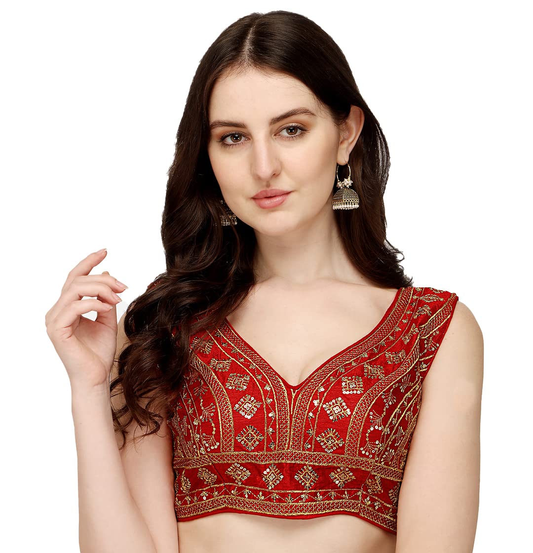 Vihu Fashion Women's Silk Embroidery Sequins Zari Work Readymade Saree Blouse