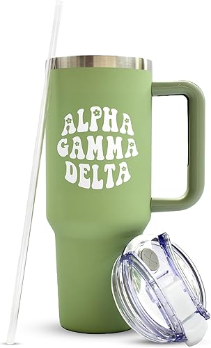 Sorority Shop Alpha Gamma Delta - Vaso con asa de 40 onzas, para mejor amiga, bonito vaso grabado de hermandad, vasos aislados para mantener tus