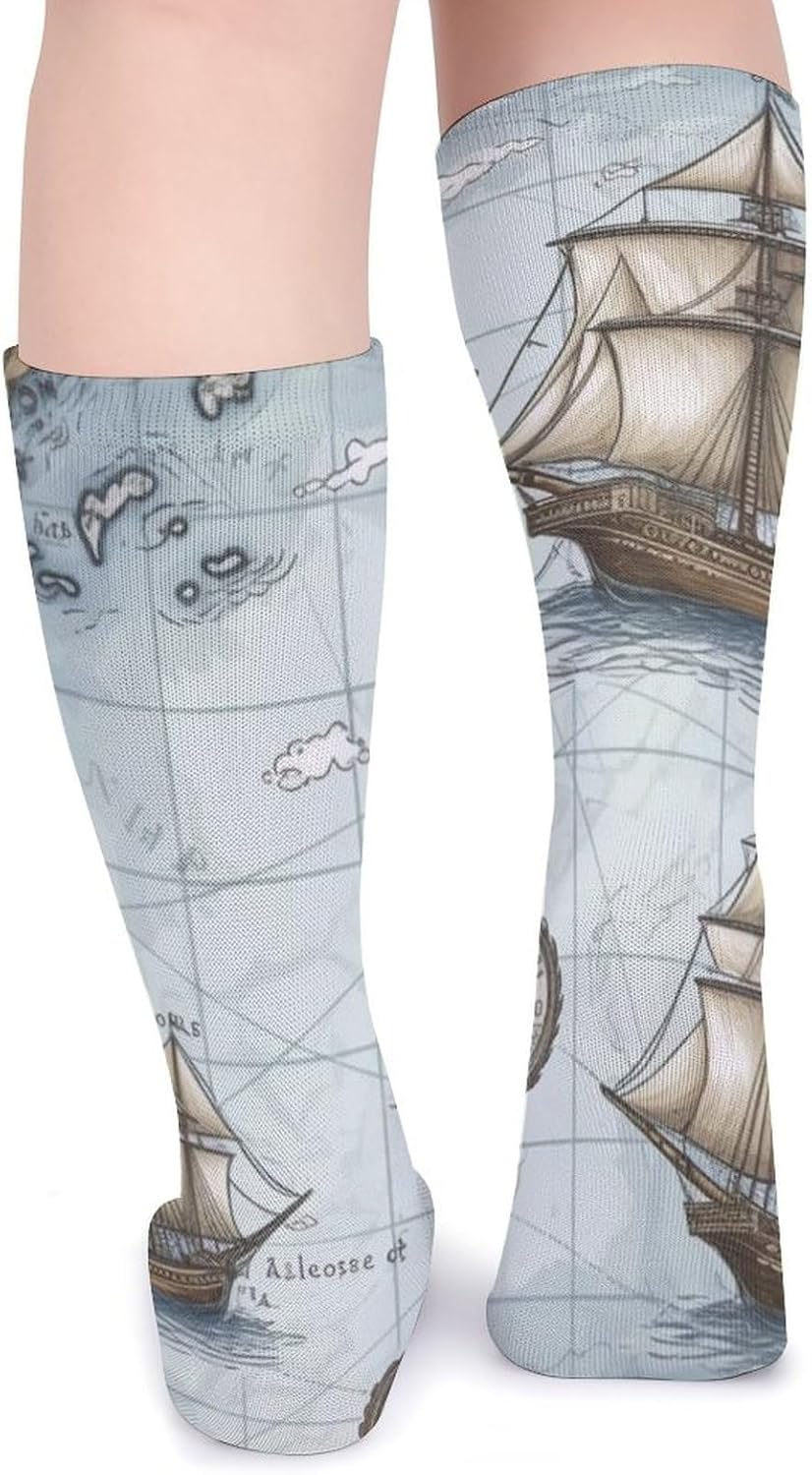 Boat Map Socks Warm Thick Cozy Crew Hiking Boot Socks Casual Knee High Sock for Women Mom