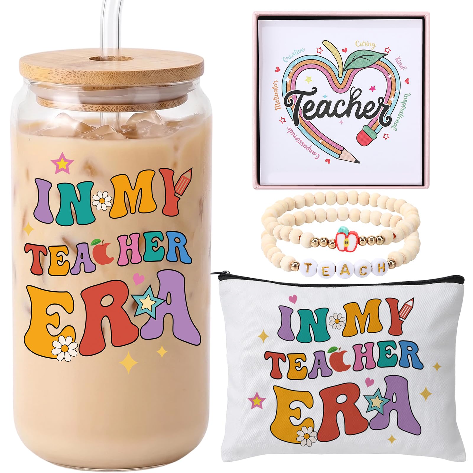 saerryor Thank You Teacher Gifts for Women,16oz Glass Drinking Cup with Lid and Straw,Makeup Bag and Bracelet for Teachers Colleagues Friends Leaving Retirement Gifts Birthday Presents