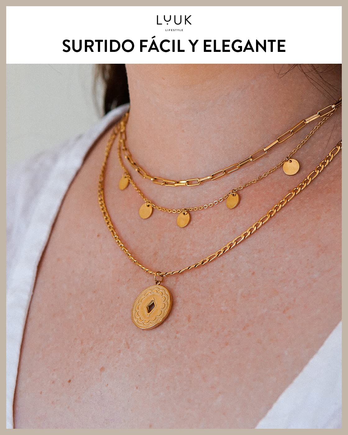 LUUK LIFESTYLE Filigree stainless steel necklaces, bracelets and jewellery sets, modern design jewels, fashion accessory for women, elegant style, adjustable length, layer look, gold, silver and rose