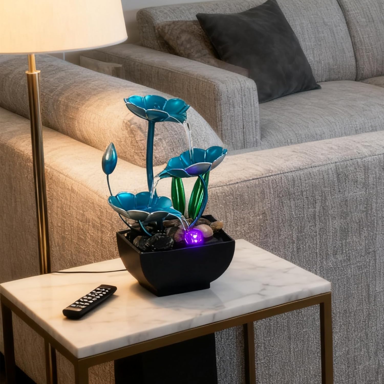AOZITA Tabletop Fountain, Indoor Waterfall Fountain, Small Home Décor Zen Relaxation Soothing Sound Machine for Office, Living Room, or Bedroom,Blue Metal Lotus with Bud, River Rocks, LED