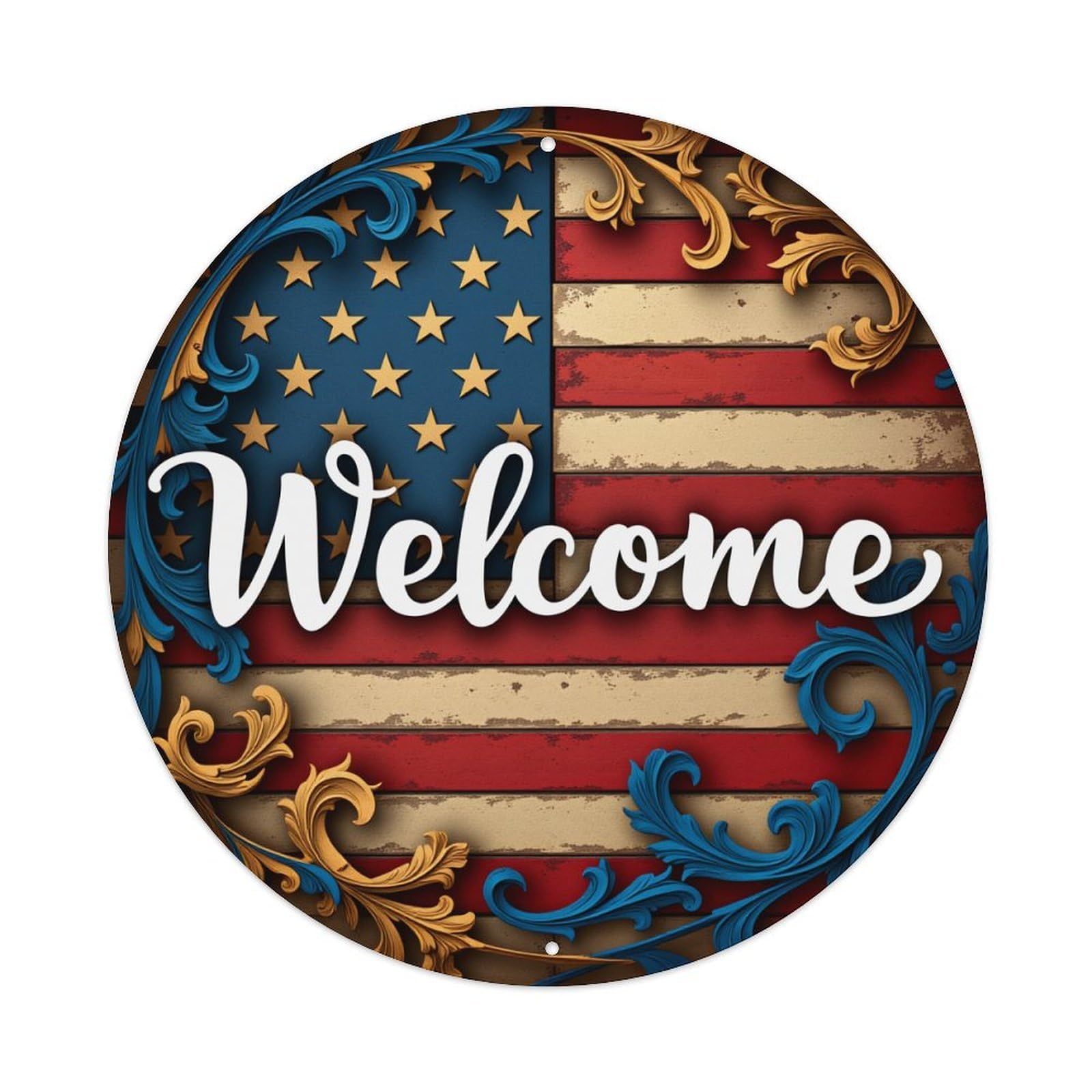 American Flag Design With Ornate Borders Round Tin Sign Vintage Metal Poster, Home Bar Garage Man Cave Cafe Indoor & Outdoor Wall Decoration 8x8Inches