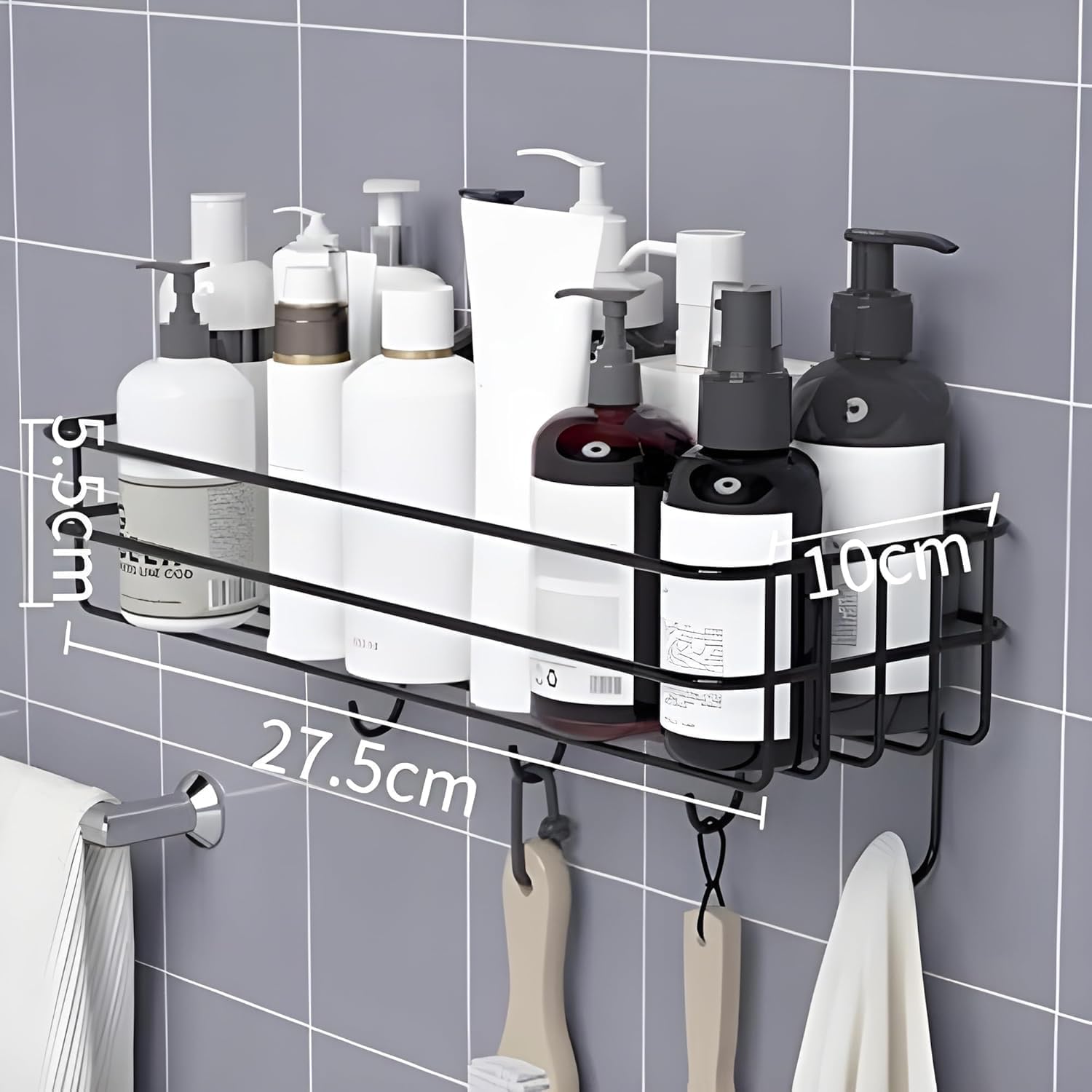 SKYVILLA Stainless Steel Bathroom Shelf for Wall | Self Adhesive Bathroom Organizer with 4 Hooks | Space-Saving Wall Mounted Towel Holder | Rustproof Design (Black, Pack of 1) 1