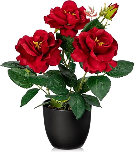 Hollyone Plantas y flores artificiales con florero, rosas rojas, flores artificiales pequeñas en maceta, flor de seda sintética con maceta negra,