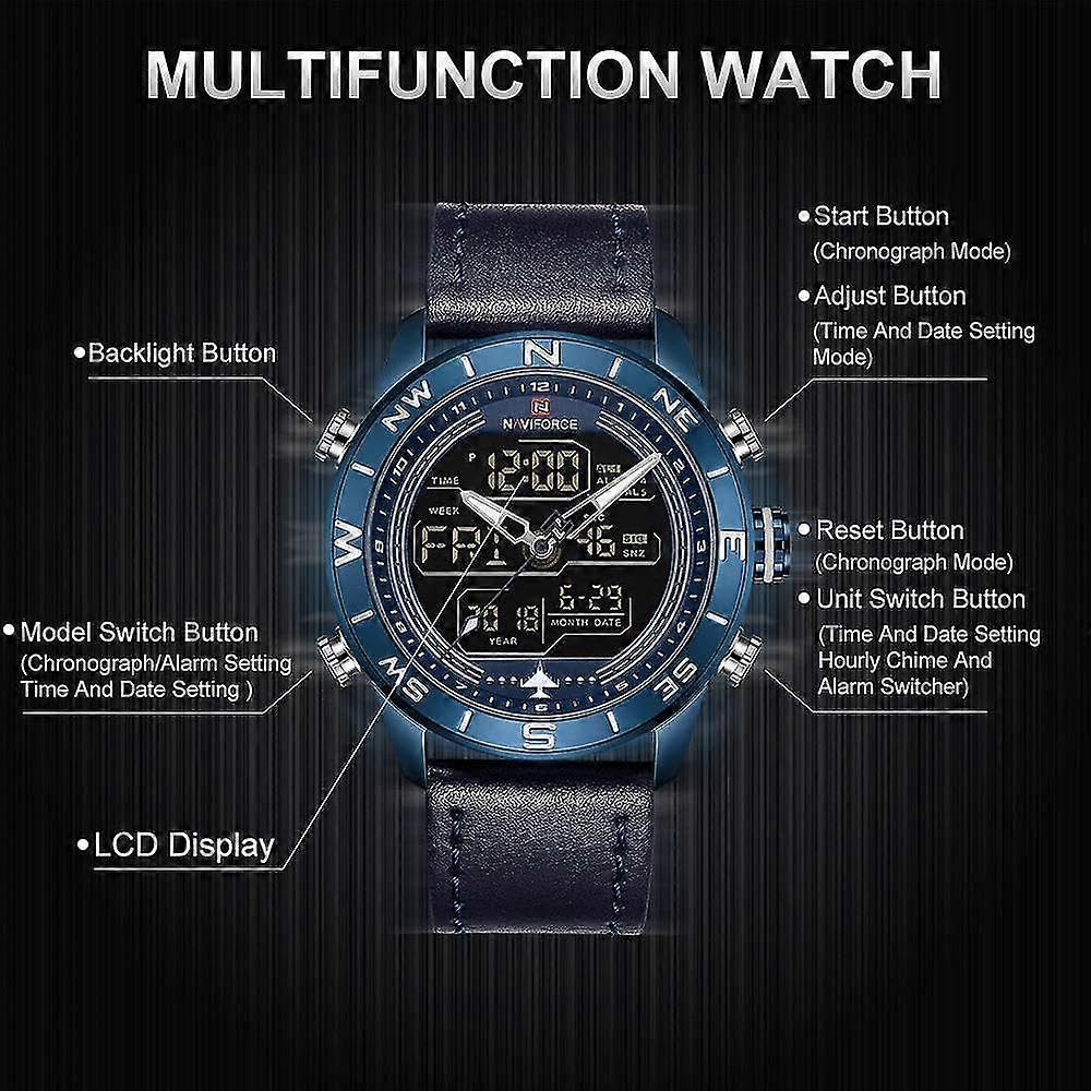 Reloj deportivo impermeable para hombre, de cuero, analógico, de lujo, casual, doble hora