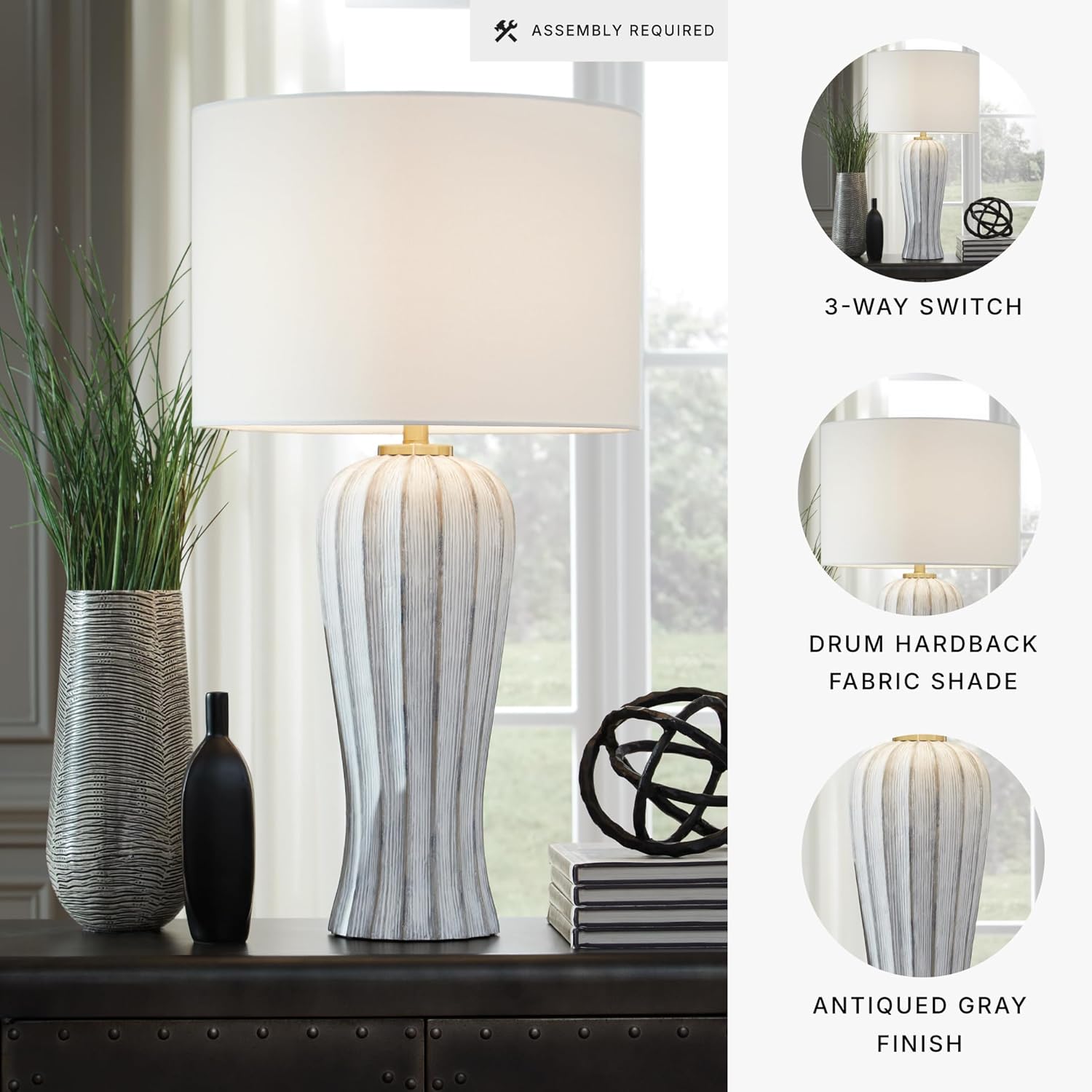 Signature Design by Ashley Lanwell Modern Table Lamp with 3-Way Switch, Polyresin and Drum Hardback Fabric Shade, 17.5" W x 17.5" D x 32" H, Light Gray