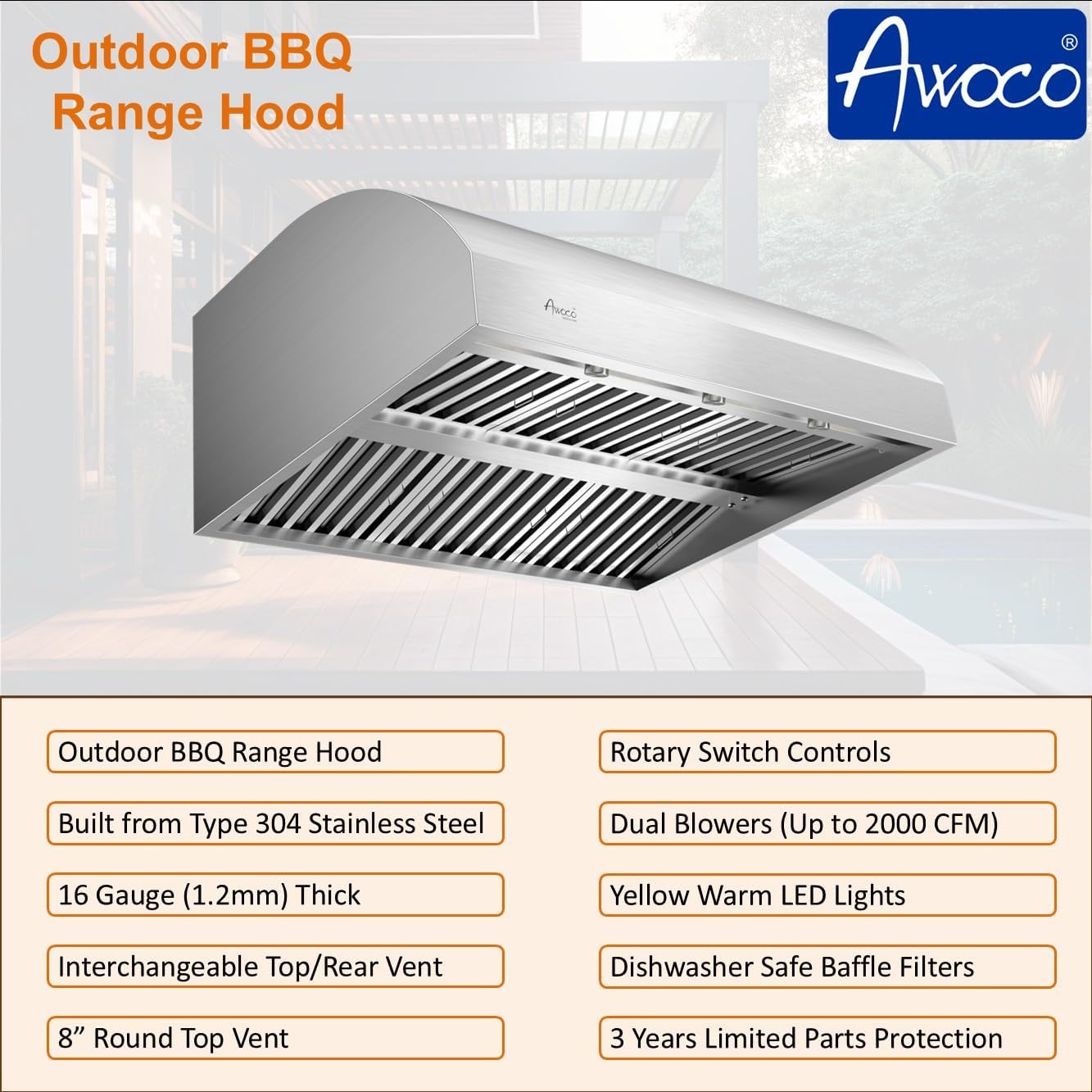 Awoco 48” Outdoor BBQ Vent Hood 17” High Type 304 Stainless Steel, 4 Speeds 2000 CFM, Dual Blowers, Adjustable LED Lights, 8” Round Top Vent