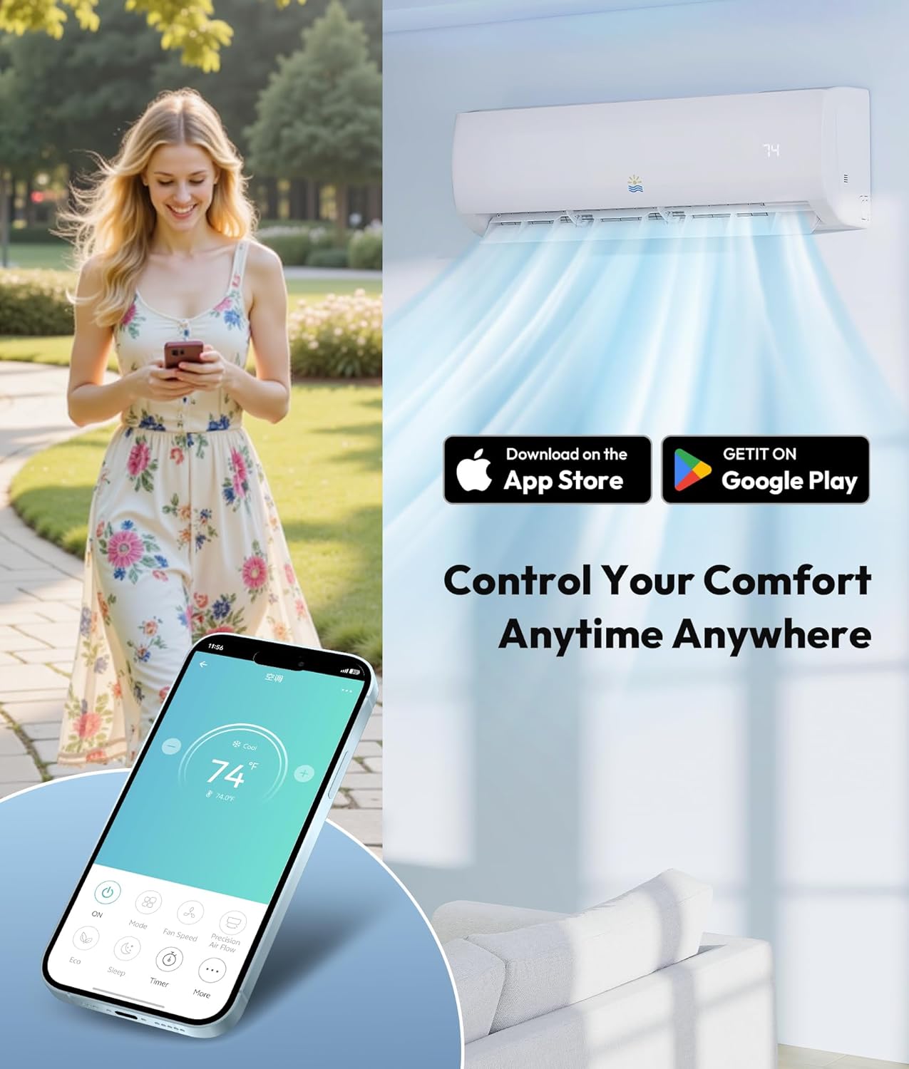 12000BTU Mini-Split Air Conditioner - 20 SEER2 115V WiFi-Enabled Inverter Ductless System AC, Heat Pump, Pre-Charged Condenser, Cools & Heats up to 750 Sq Ft, for Bedroom, AHRI