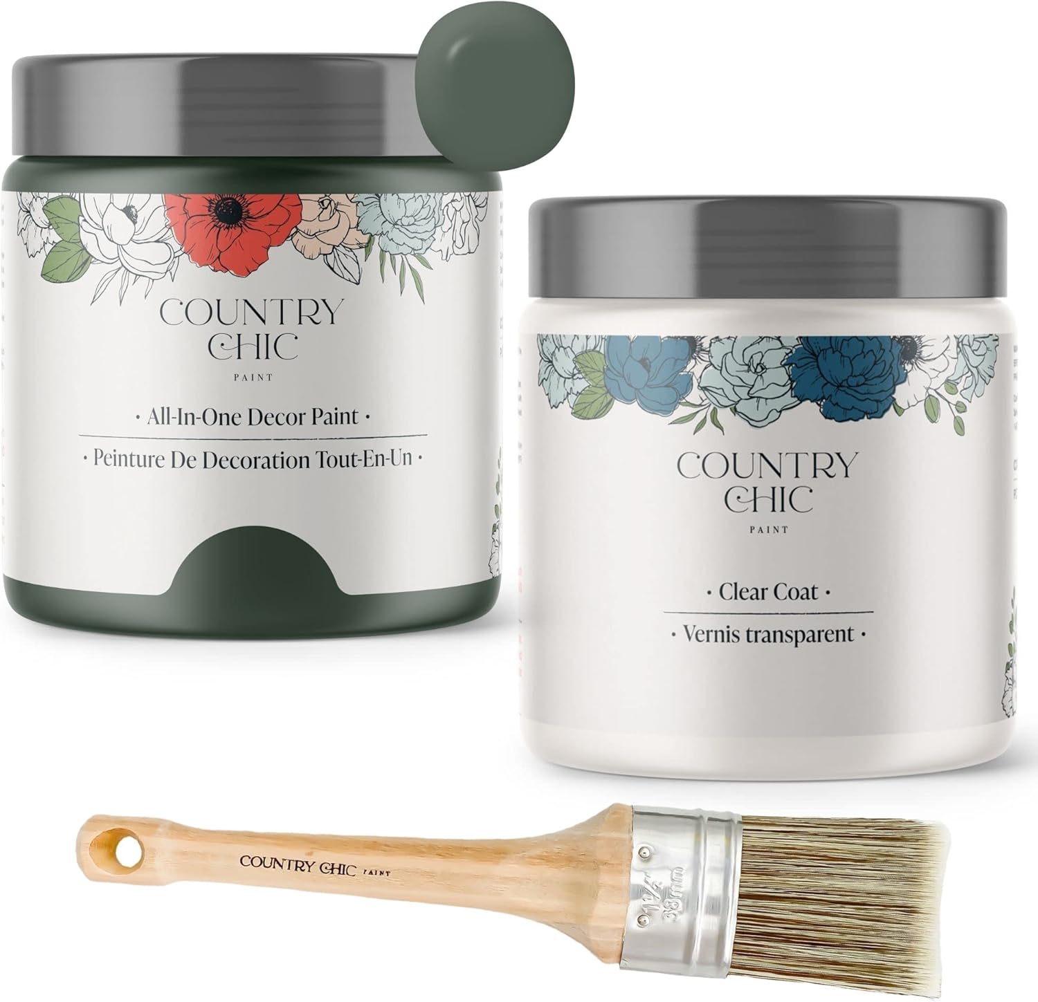 Chalk Style Paint + Clear Coat + Paint Brush Bundle - for Furniture, Home Decor, Crafts (Color: Hollow Hill [pint - 16 oz] - Dark Green)