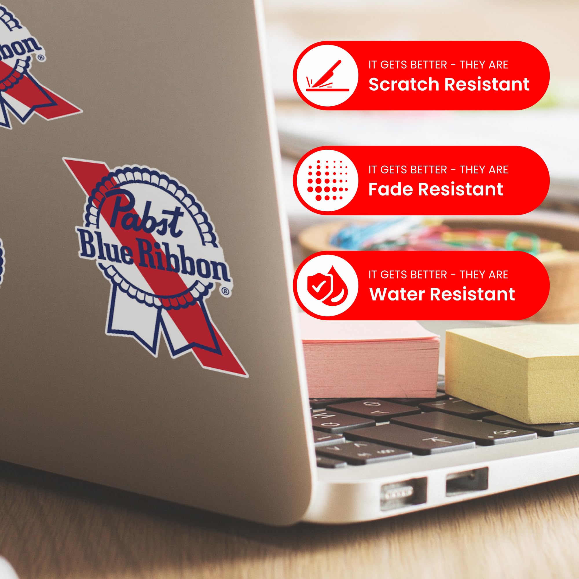 Pabst Blue Ribbon Bumper Car Sticker Set - 3 Pack PBR Stickers For Beer Lovers - Indoor & Outdoor Durable Vinyl Sticker, Weather Resistant Vinyl Decals, Original Pabst Brewing Company Sticker
