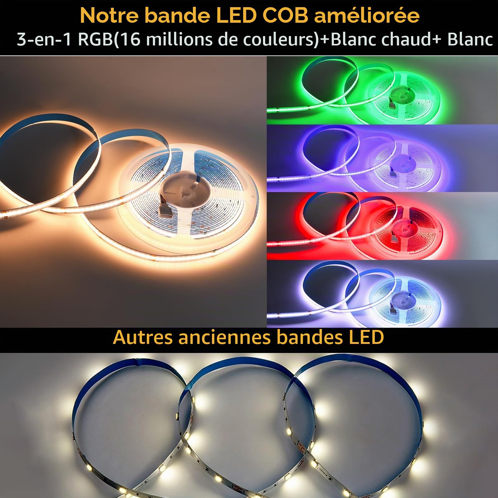 10M COB Wifi Ruban Led Sans alimentation électrique,Led Chambre RGBW+Blanc chaud 672led/M DC24V, Led Ruban Bande Led Multicolore Sans alimentation électrique LED bande