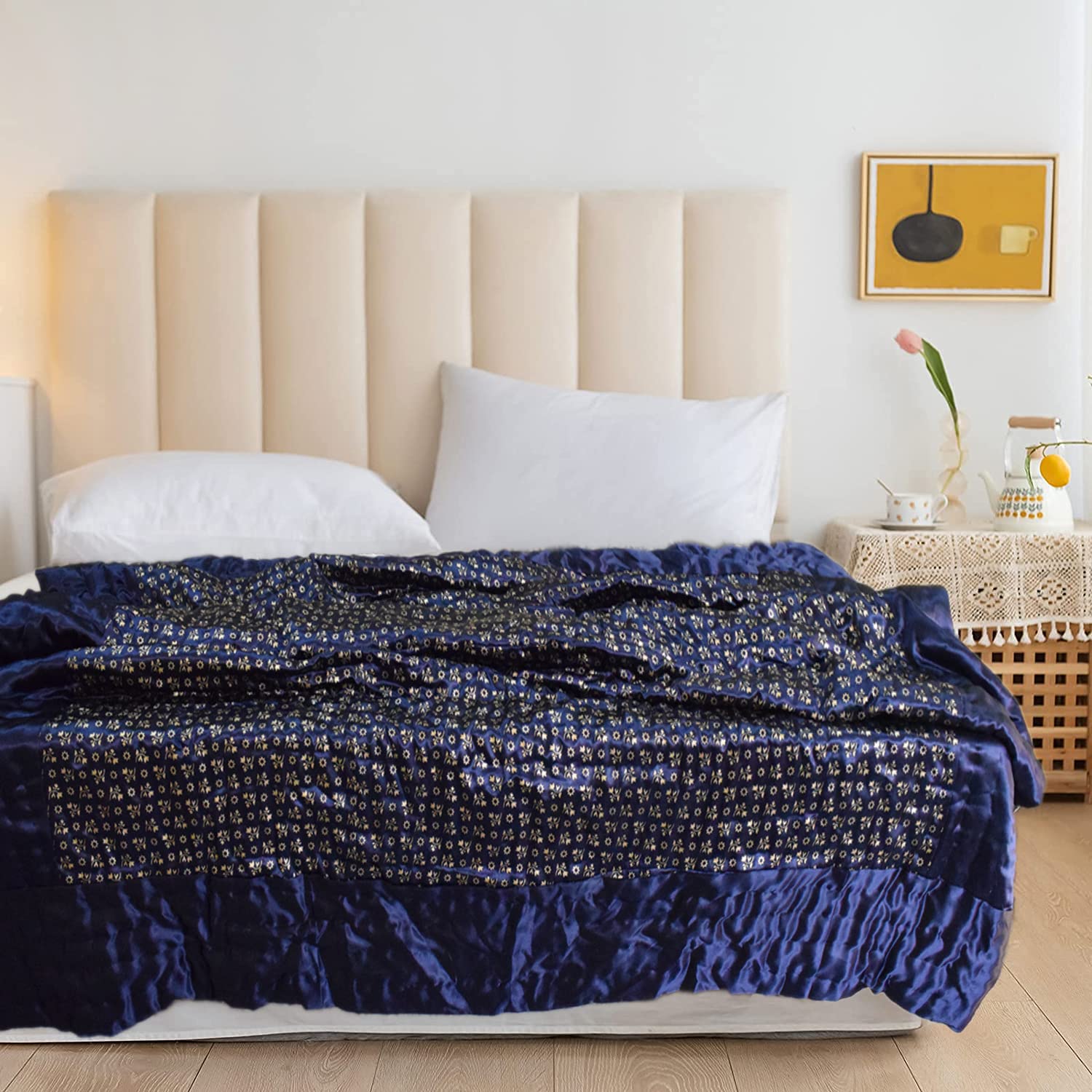 Kuber Industries Floral Print Soft Light Weight Microfiber Filler Silk Double Bed Razai, Quilt, Comforter, Blanket, 90"x100" (Royle Blue)-48KM03, Queen