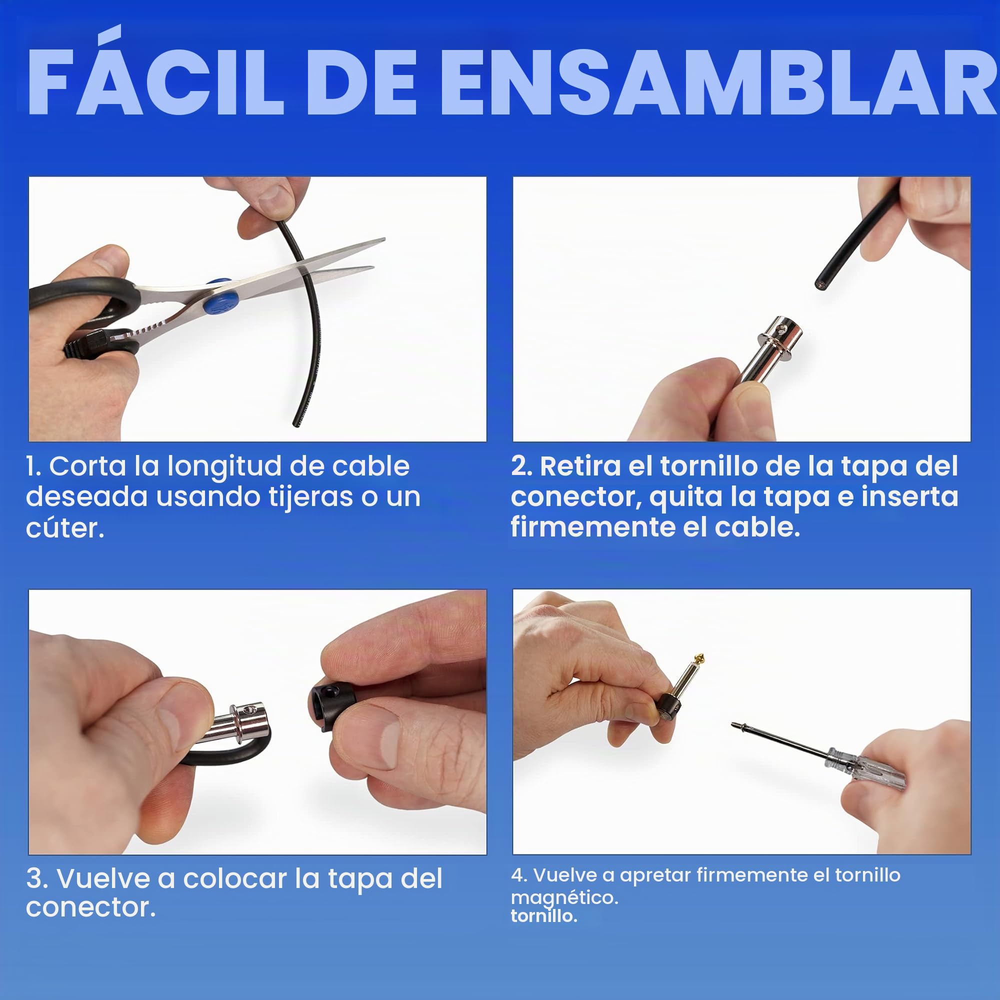 Crosby Kit de cables pedalera sin soldadura - No se requiere pelar los cables, 3 metros de cable y 10 conectores de punta de oro con tornillos magnéticos para hacer 5 cables personalizados
