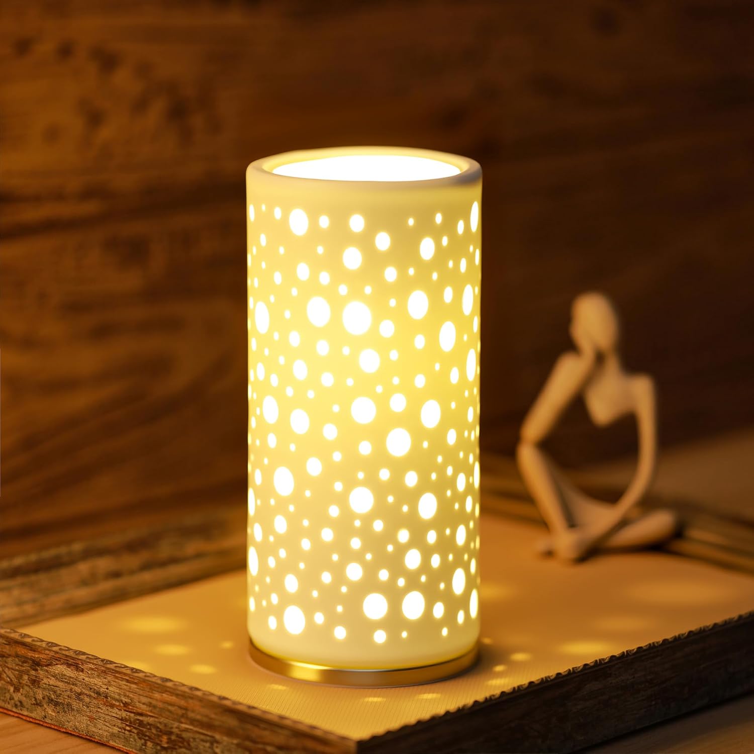Small Modern Ceramics Bedside Table Lamp, 4 x 4 x 8 Inch White Round Hole Style Nightstand Lamps, Side Table Lamps for Bedroom Living Room Entryway Table Light