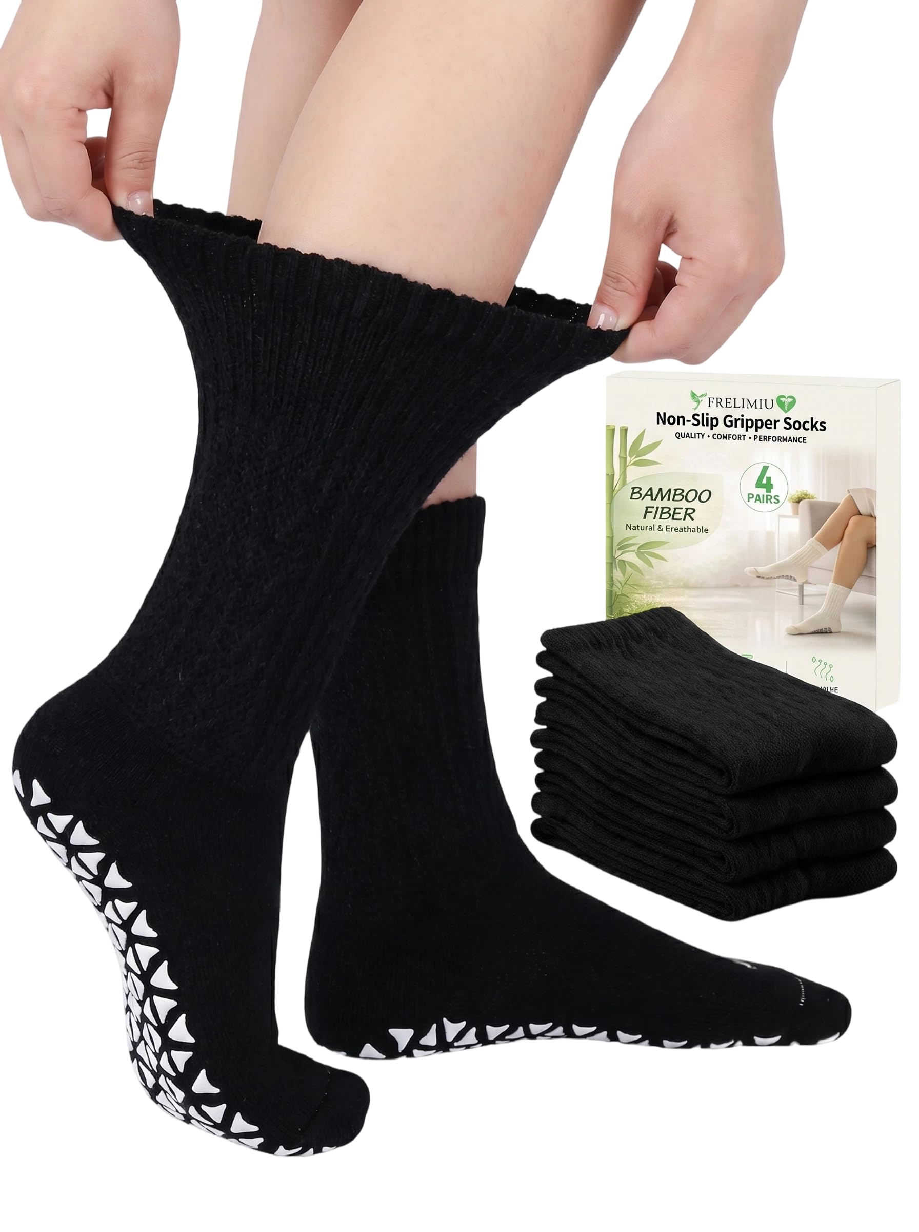 Frelimiu Diabetic Socks with Grippers for Women - 4 Pairs Hospital Grip Socks, Non-Slip Crew Socks with Non-Binding Loose Fit for Neuropathy Edema Elderly 10-14