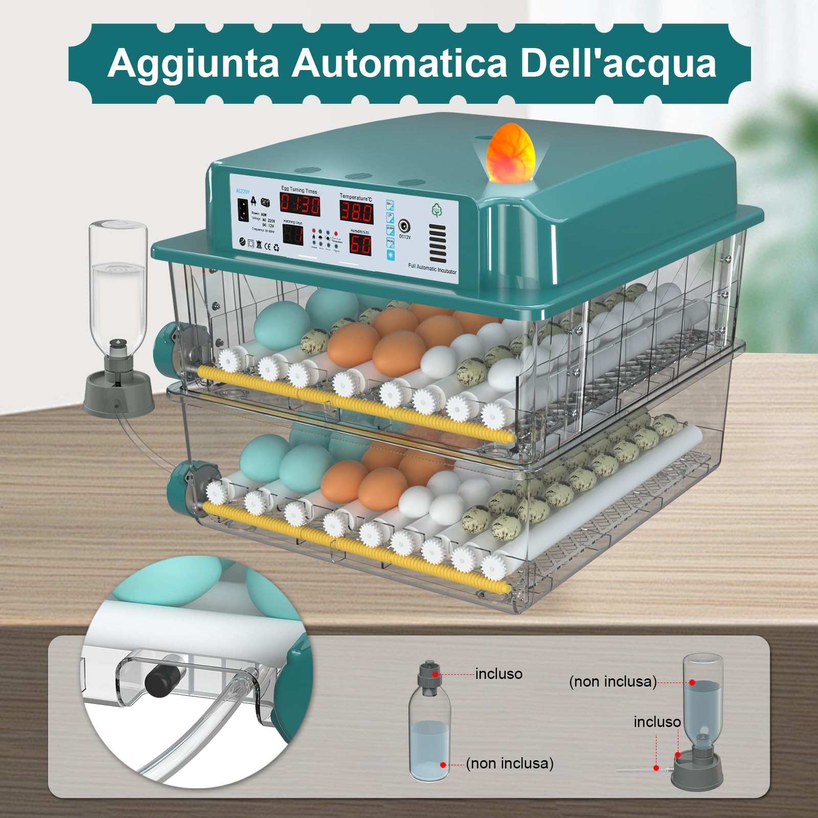 CoInceptus Incubatrice per Uova Automatica, Incubatrice da 120 Uova con Tornitura Automatica delle Uova e Umidificazione Automatica, Incubatrice per Uova di Gallina, Quaglia, Anatra