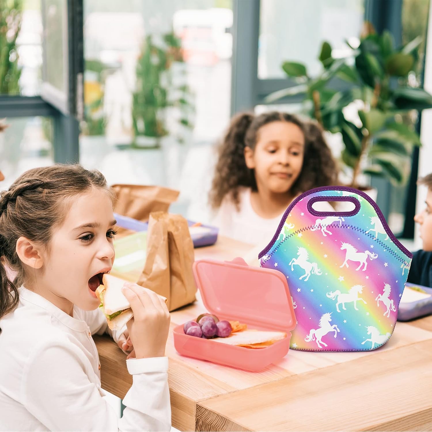 Rainbow Unicorn Lunch Bag for Girls - Neoprene Insulated Kids Lunch Tote Bag for School Preschool Kindergarten Elementary Girls Lunch Box Travel Picnic Camping Lunchbag
