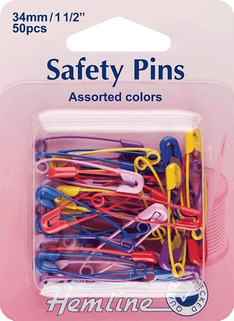 Hemline H414.AC Red, Pink, Yellow, Purple Coated Safety Pins 34mm Size 1 50pk