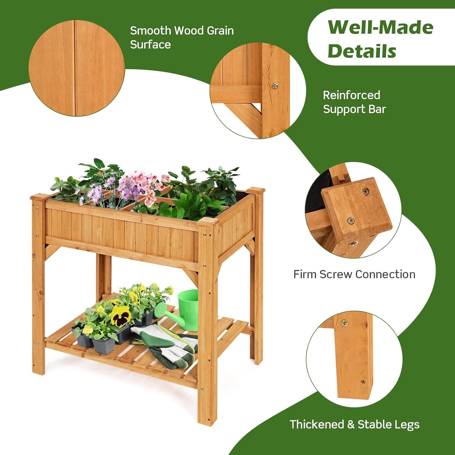 HAPPYGRILL 8-Grid Raised Garden Bed, 36” Elevated Wood Planter Box with Liner & Shelf, Removable Divider, Drainage Holes, Outdoor Gardening Bed with Legs for Backyard Patio