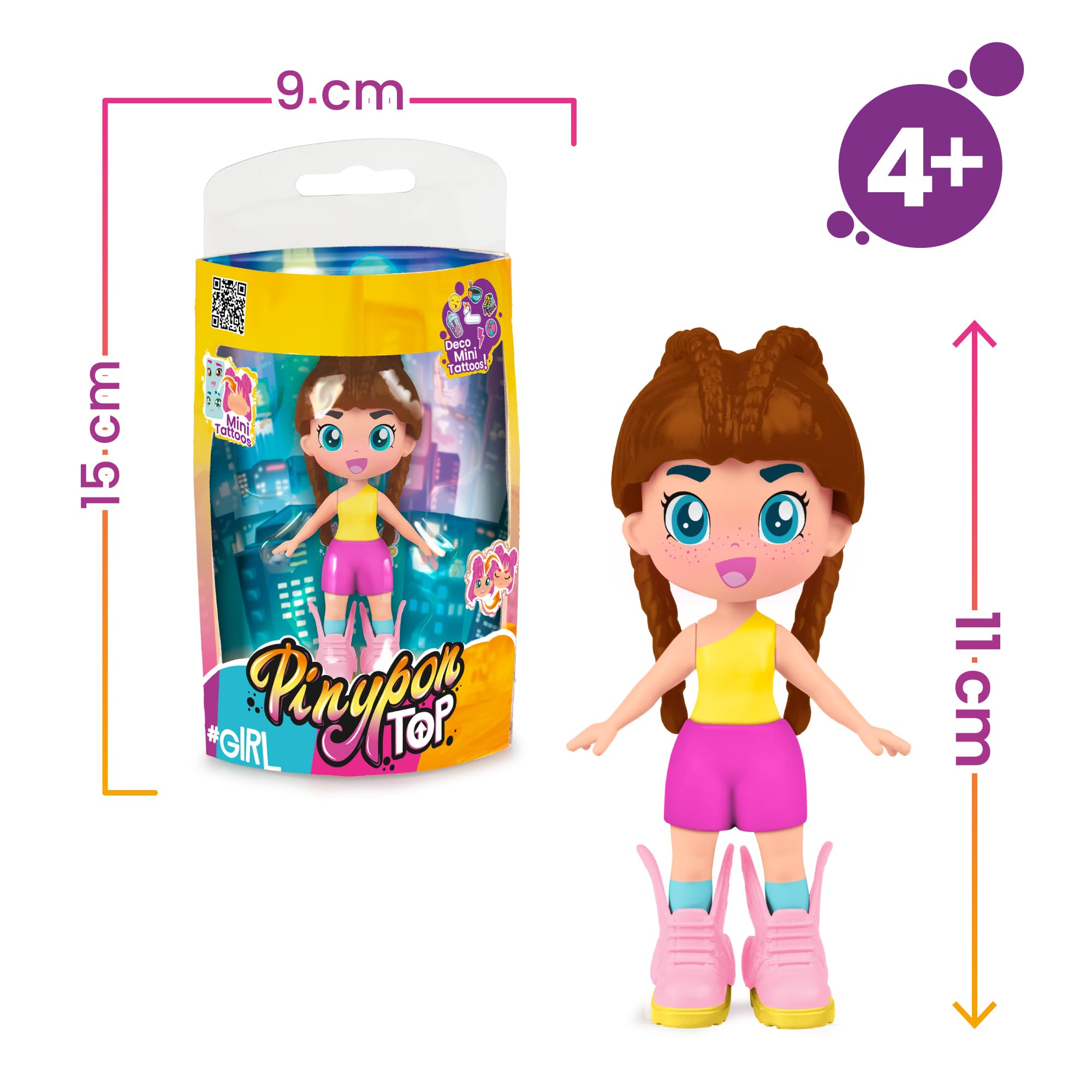 Pinypon TOP Girls Brunette, Chica TOP Morena con Outfit de Street Style, Figura de 11 cm Articulada de Brazos y Piernas, Doble Cara y Ropa y Zapatos Intercambiables, +4 años, Famosa (PNN00200)