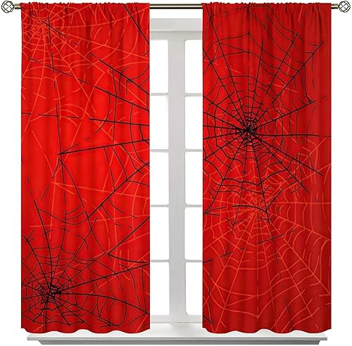 Miniatura 8 de Cortinas opacas de tela de araña aterradora para niños, tela de araña en blanco y negro, fondo rojo, dormitorio de niños, guardería, decoración del