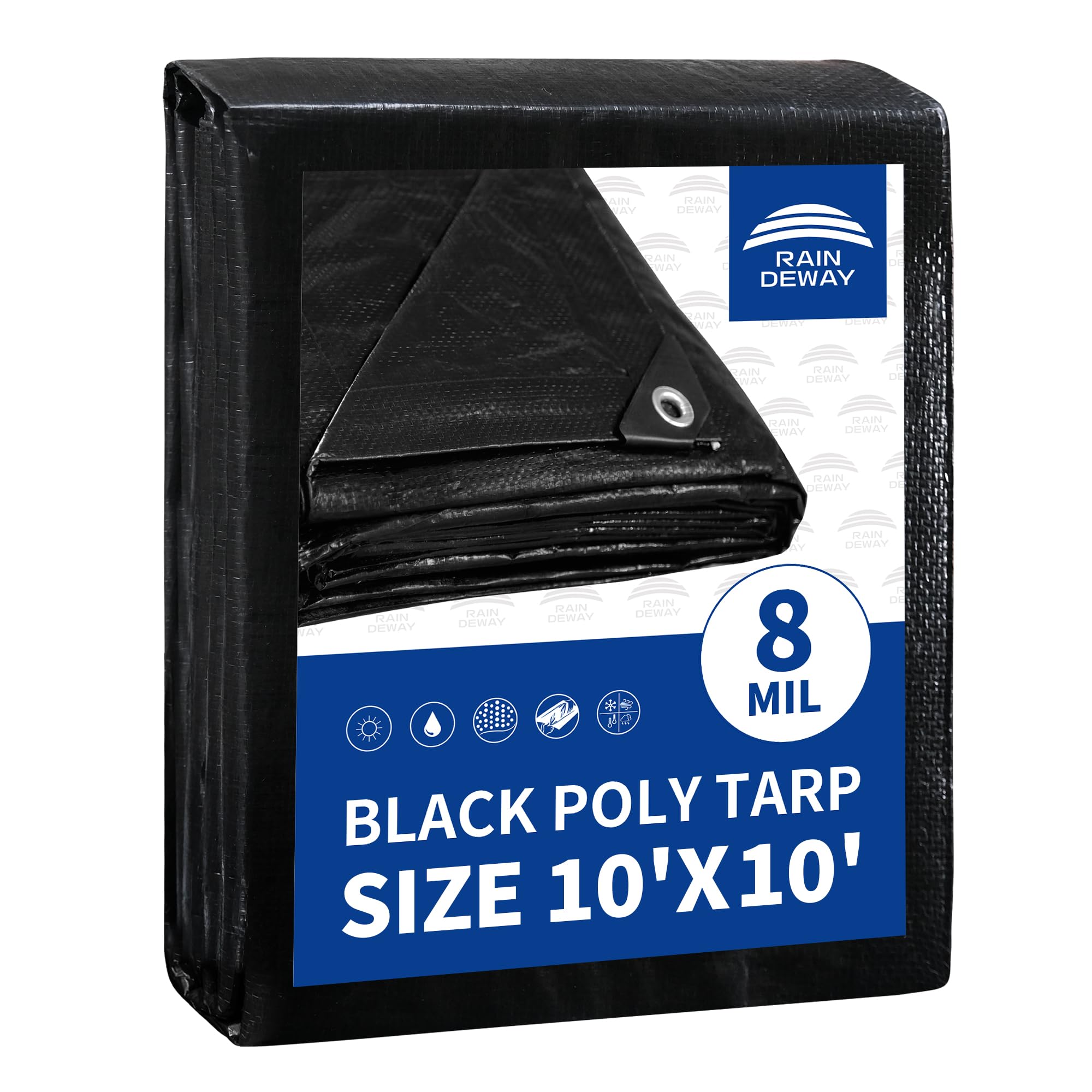 RAINDEWAY Black Tarps 10x10 Feet,UV Resistant, Multipurpose Medium Duty Waterproof Poly Tarp, Square Tent Tarp,Cover with Metal Grommets and Reinforced Edges, Finished Size — image 1