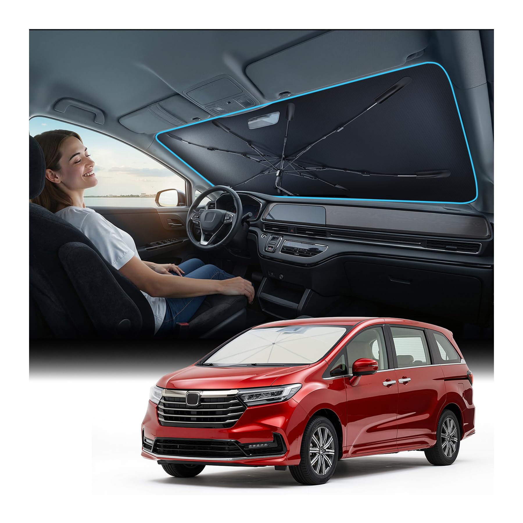 Photo 1 of [2026 Upgraded] Nmoiss Windshield Sun Shade Umbrella for Honda Odyssey - [Vinyl Coating Heat Shield] Protect Car from Sun Rays & Heat Damage Keep Cool and Protect Interior, Spring Structure Edge