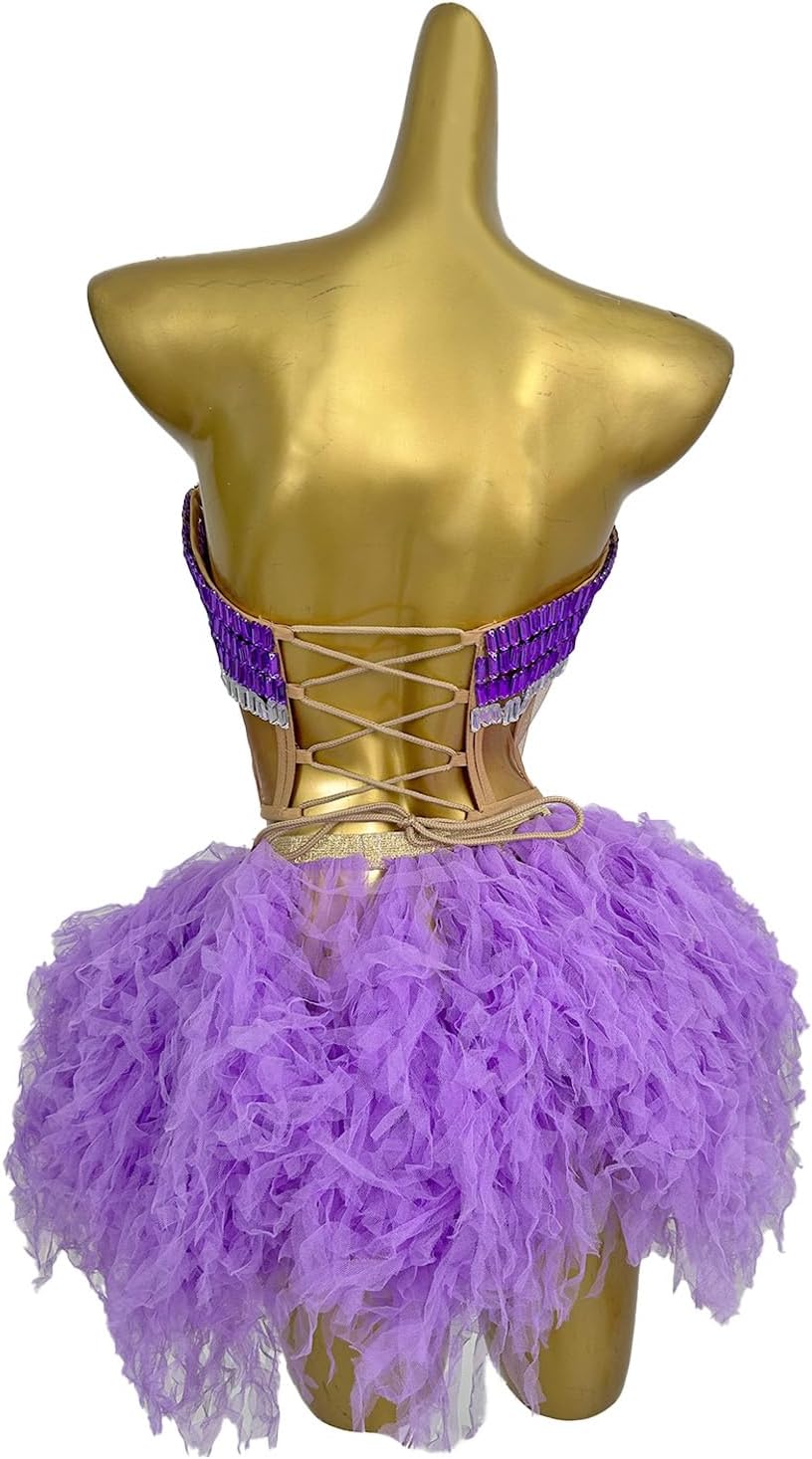 Women Purple Rhinestone Tulle Two Piece Set Sparkle Strapless Bustier with Fluffy Ruffle Mini Skirt for Party Festival Performance