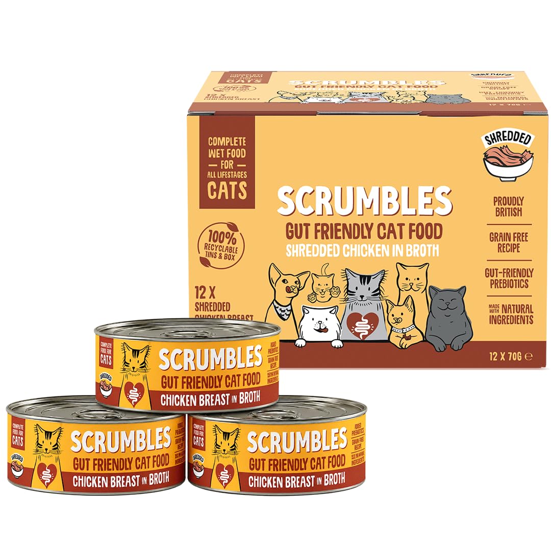 Scrumbles • Wet Cat Broth Food • Hypoallergenic • All Lifestages • Chicken 60% • 12 Broth Tins (70g) • Shredded Chicken Breast • Slippery Elm