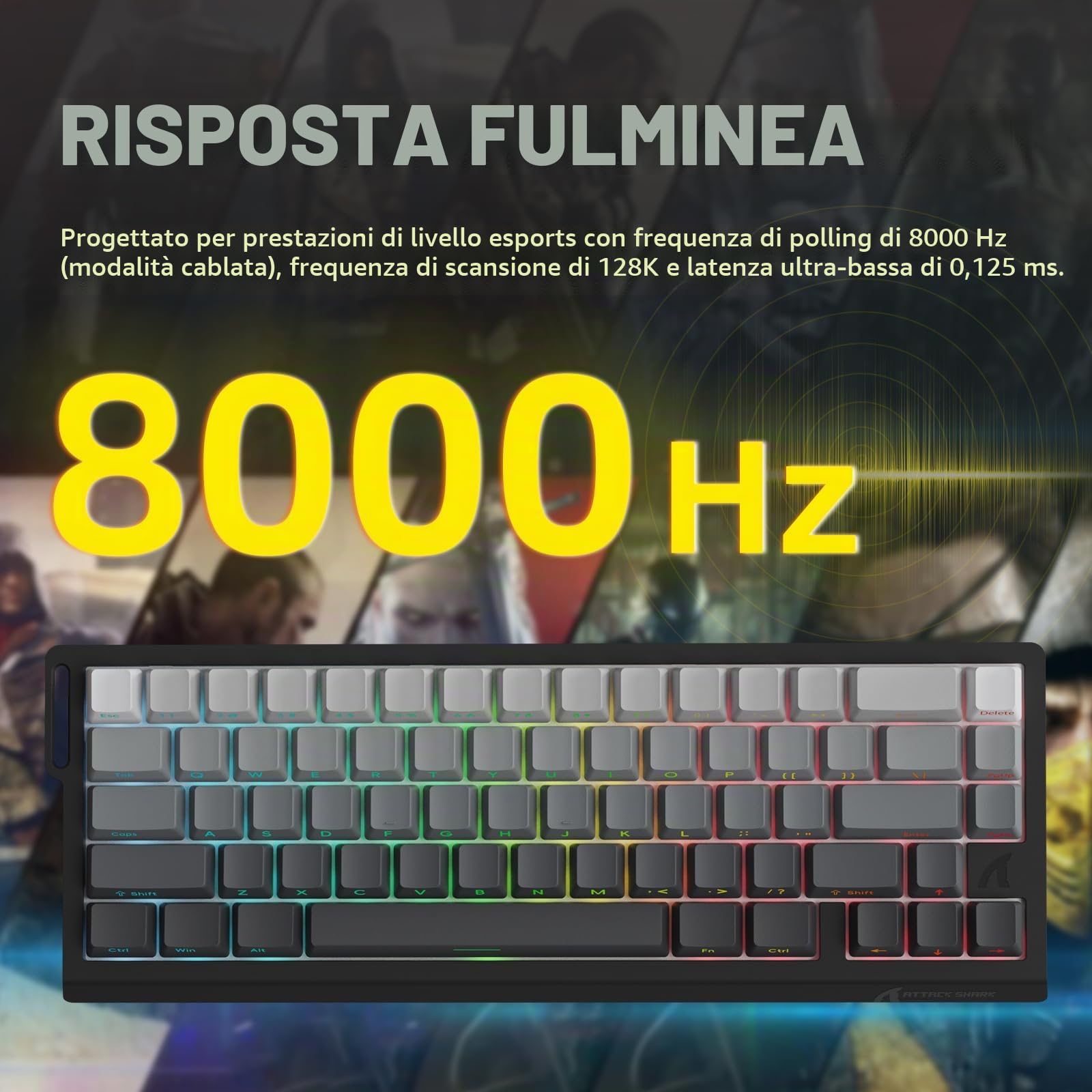 ATTACK SHARK 3 in 1 Tastiera senza fili X68PROHE e Mouse da Gioco X11, BT/2.4G/Cablato, Interruttore Magnetico a Grilletto Rapido da 8KHz, PixArt PAW3311, 22000DPI, Cavo a spirale C01PRO-Nero Sfumato