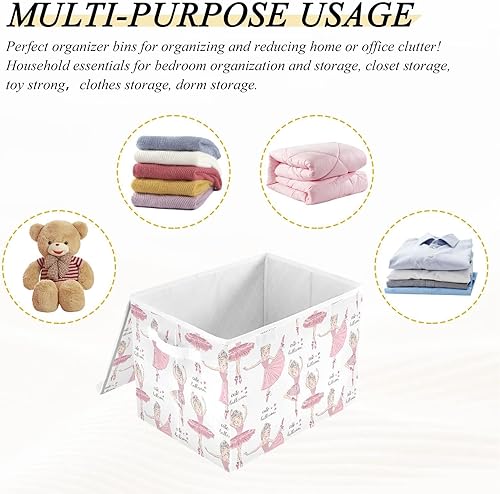 Miniatura 7 de Ollabaky Bailarinas de dibujos animados plegable con tapa, caja de almacenamiento grande, organizador de cubos con asas para organización de