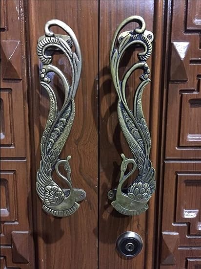 RSN Premium Peacock Design Brass Door Handle Set with Superb Antique Finish for Home, Office - Antique Brown
