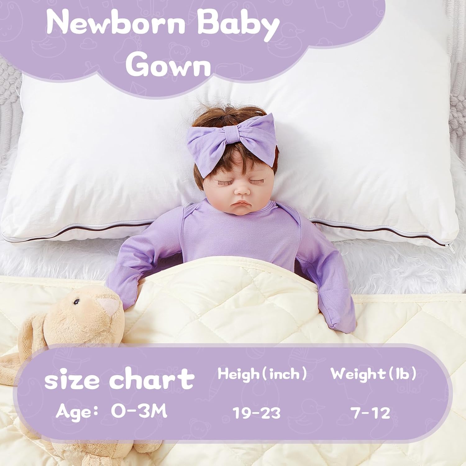 Newborn Baby Knotted Gown, Soft Breathable Baby Sleep Gown with Hat & Headband for Boys Girls - Image 2