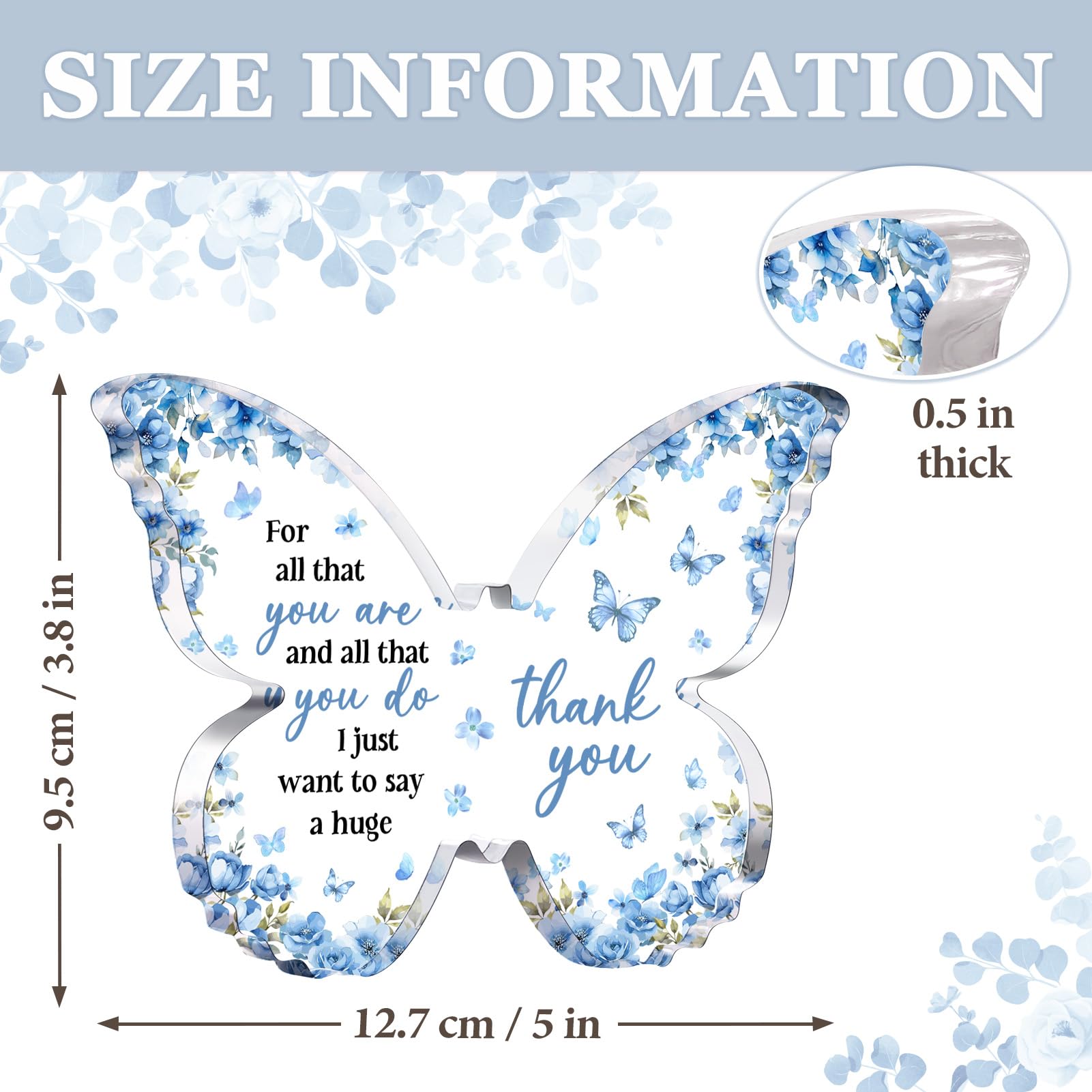 Thank You Gifts for Women, Appreciation Gifts for Teacher Coworker Employee Nurse Friend Christmas, 5x3.8x0.5 Inch Butterfly Acrylic Plaque Decor, Graduation Wedding Thank You Grateful Gift Bulk - Blue