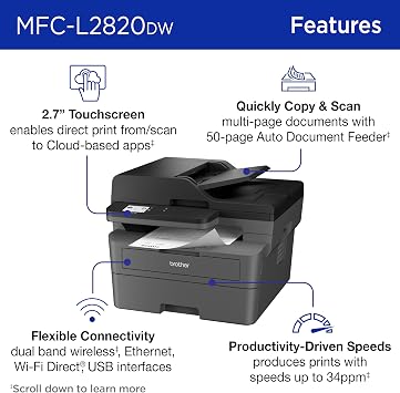 Brother MFC-L2820DW Wireless Compact Monochrome All-in-One Laser Printer with Copy, Scan and Fax, Duplex, Black & White | Includes Refresh Subscription Trial(1), Works with Alexa