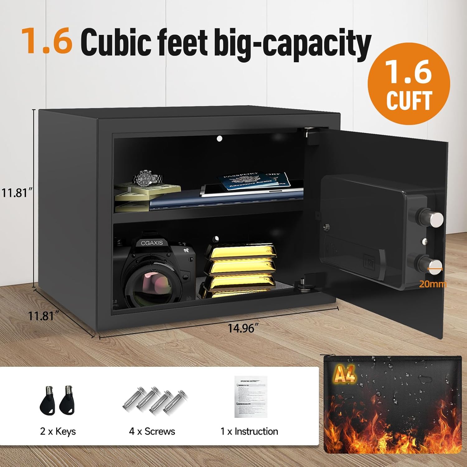 Goldenkey 1.6 Cu.Ft Modern Fireproof Safe – Large Fireproof Safe with Keypad & Key, Fits Laptop, Jewelry, Documents & Valuables, 11.81"D x 14.96"W x 11.81"H