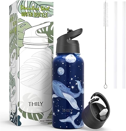 Miniatura 5 de THILY Botella de agua deportiva aislada al vacío  Botella de agua deportiva de 32 onzas de acero inoxidable a prueba de fugas con tapa abatible y