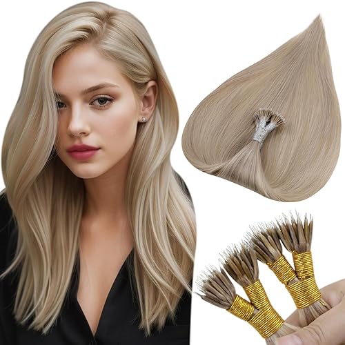 Hetto Extensiones de cabello humano nano con reflejos rubios, 20 pulgadas, extensiones de cabello humano con nano anillo, extensiones de cabello