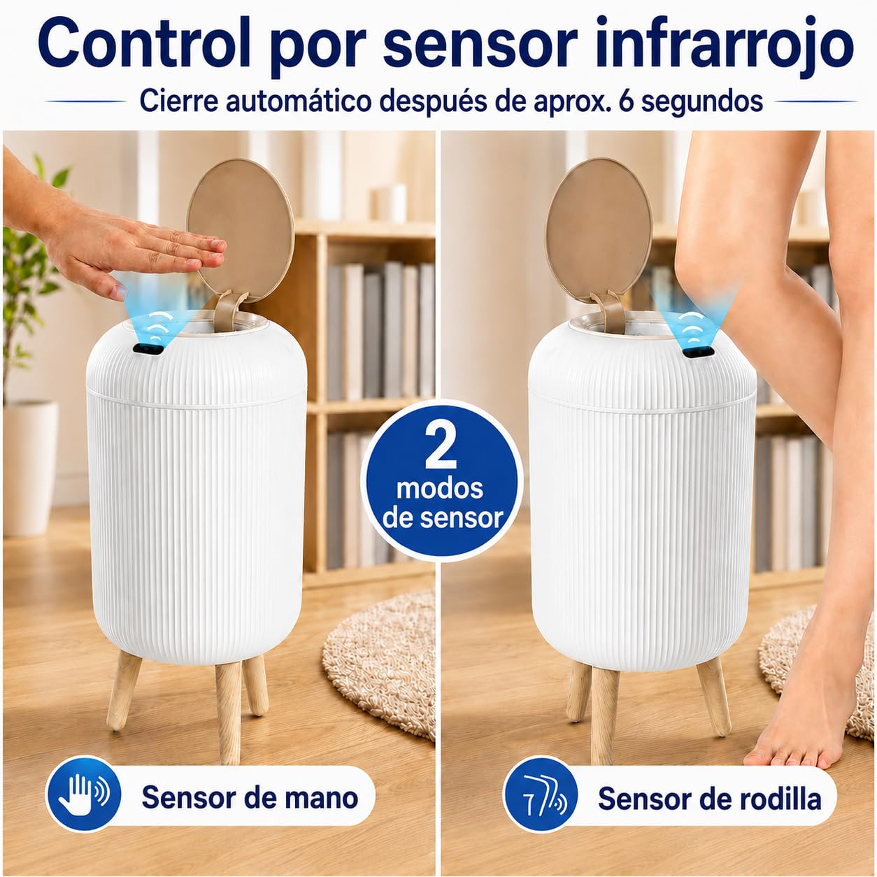 Papelera Automática 10L con Sensor para Baño, Blanca - Cubo Basura Inteligente con Diseño Redondo Elegante, Patas de Madera y Apertura Sin Contacto para Salón, Dormitorio u Oficina (10L)