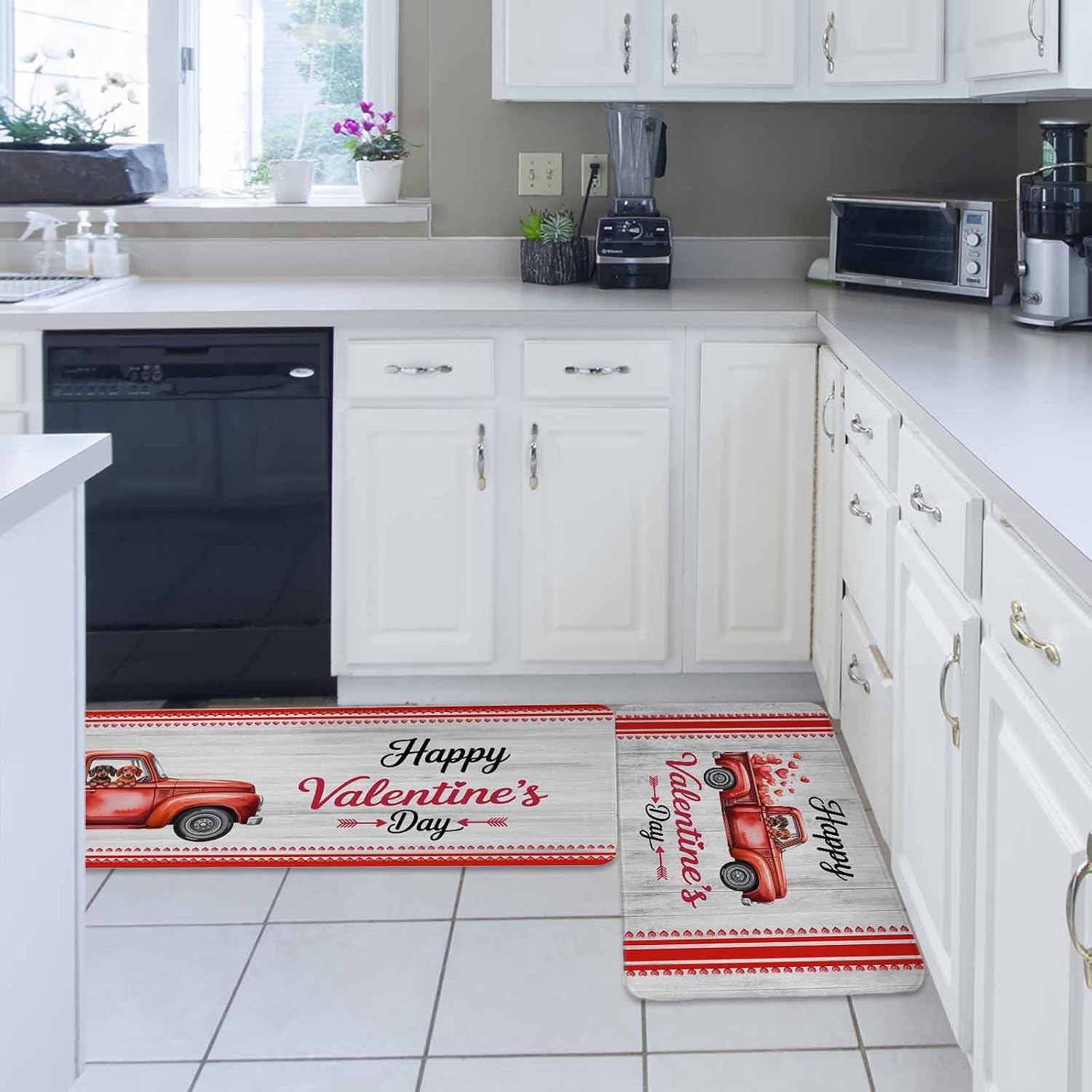 Valentine's Day Kitchen Rugs and Mats Set of 2, Non-Slip Kitchen Sink Mat, Red Romantic Love Truck Dogs Wooden Washable Doormat Bathroom Rugs Runner for Bedroom/Living Room 15.7"x23.6"+15.7"x47.2"