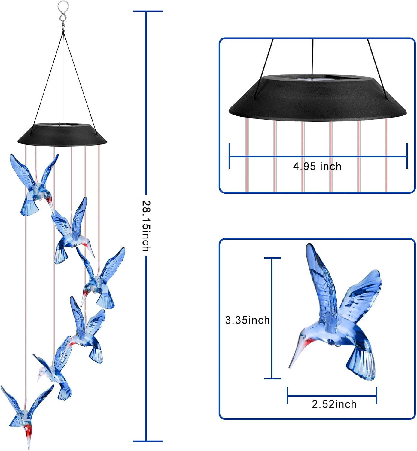 Solar Hummingbirds Wind Chime Waterproof Color Changing Solar Powered LED Mobile for Home Garden Outdoor Patio Party Night Hanging Decoration