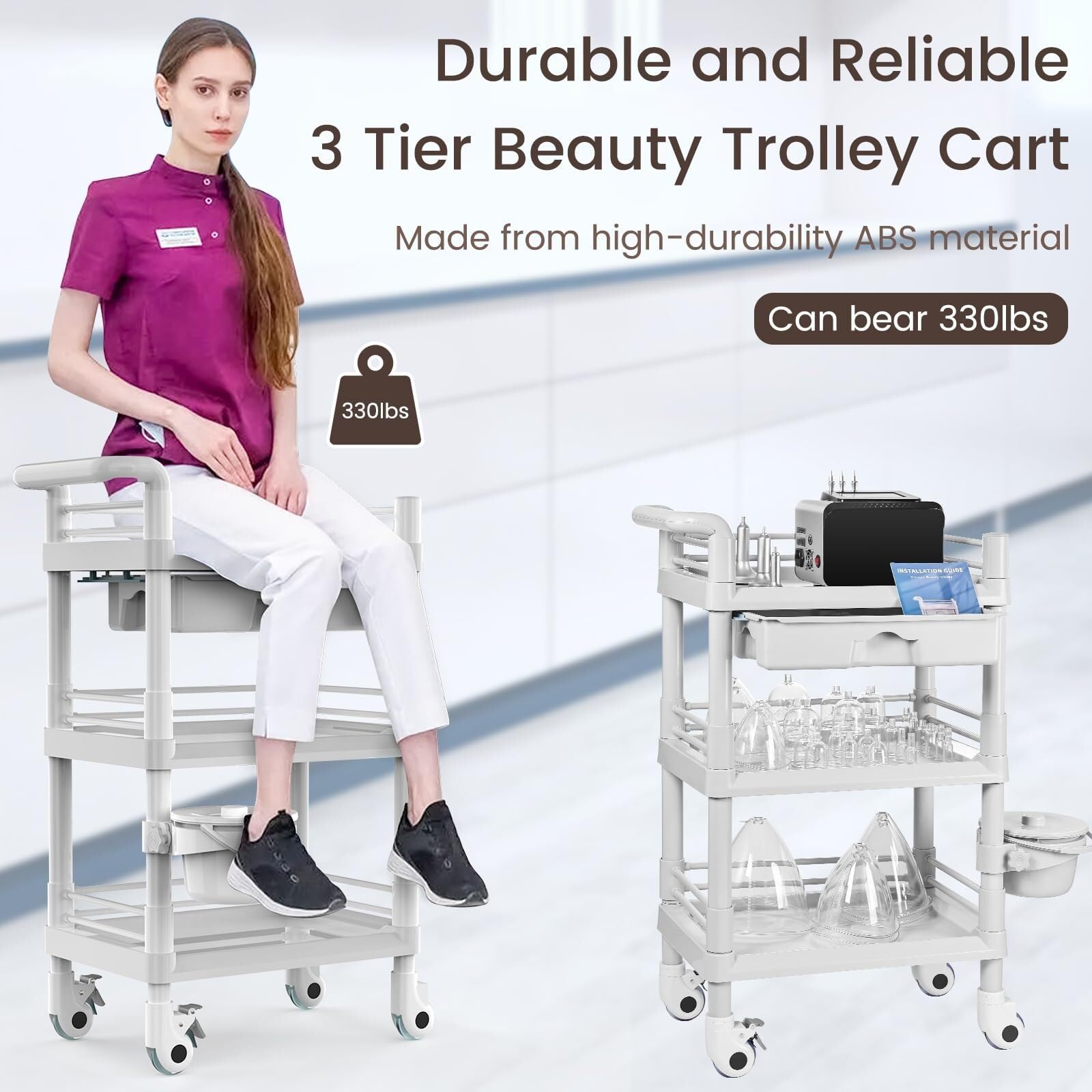 Esthéticienne Chariot Coiffeur Chariot De Beauté À 3 Niveaux sur roulettes avec Seau Et Tiroir Chariots De Service pour Salon De Beauté Panier Salon De Coiffure