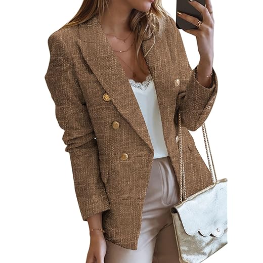 Happy Sailed Womens Tweed Blazers Casual Long Sleeve Double Breasted Open Front Blazer Jackets Work Suits