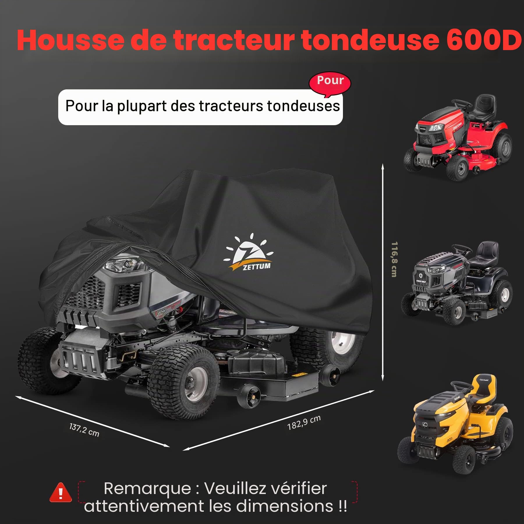 Zettum Housse de tondeuse à gazon autoportée – Bâche de Protection tracteur de pelouse imperméable et robuste, housse de tondeuse extérieure 600D universelle avec sac de rangement