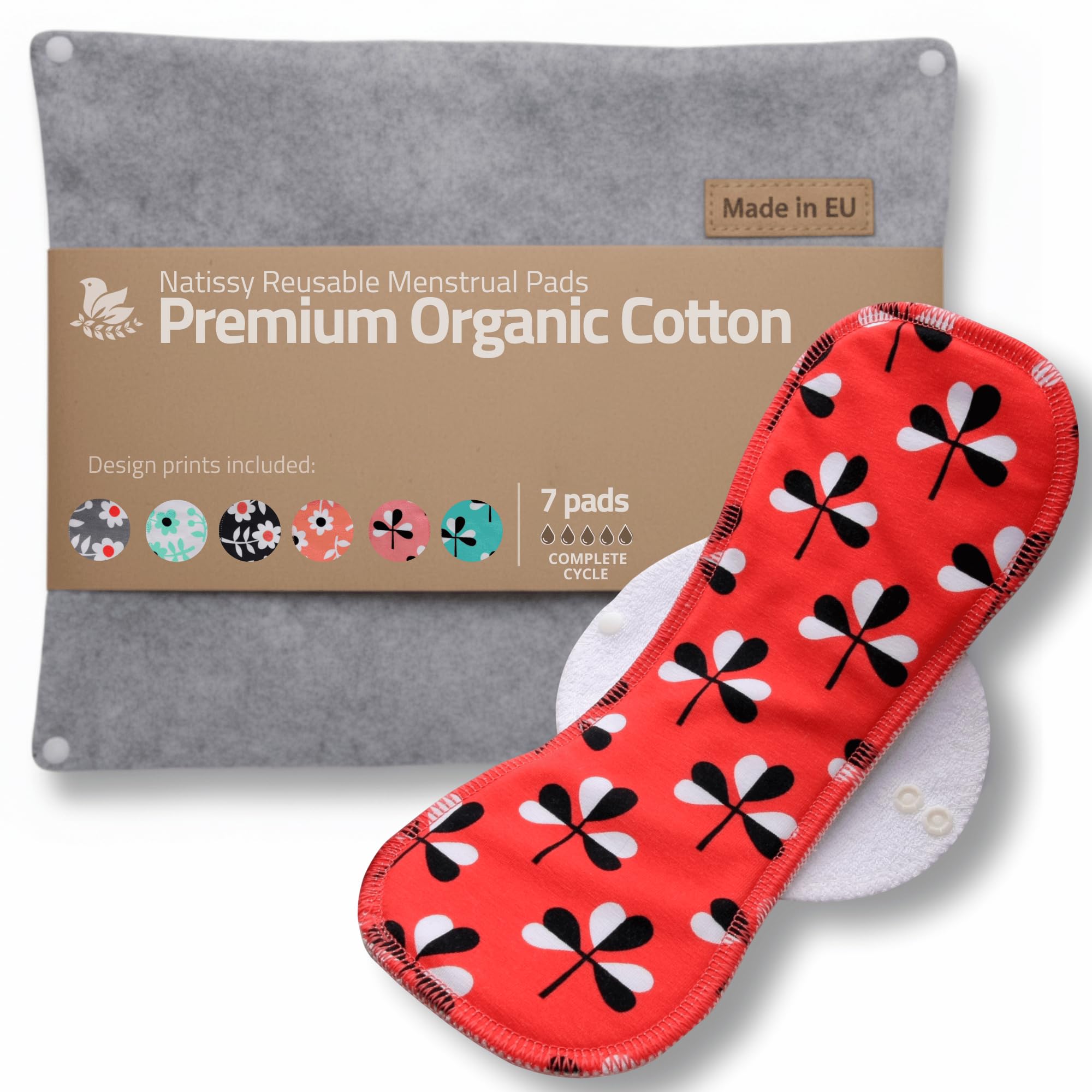 Compresas reutilizables en algodón orgánico para flujo menstrual ligero y abundante (S+M+L+XL, 7 uds); lavables a alta T°, HECHAS EN LA UE; suaves, no irritantes y cómodas, compresas tela para mujeres — view 8