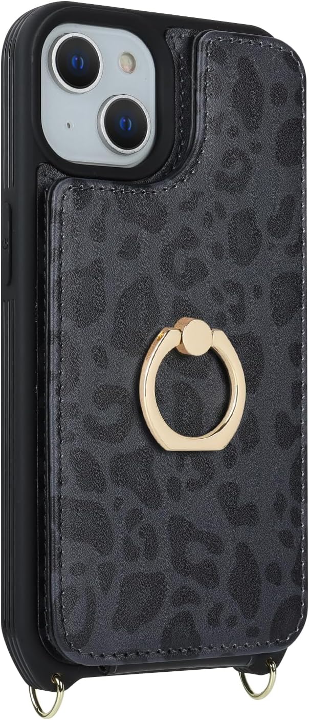 for iPhone 14 Plus Case with Card Holder and Strap for Women,Crossbody Lanyard,Stand Ring Kickstand,Snap Clasp,Cute Phone Wallet Cases 6.7 inch - Black Leopard - Image 7