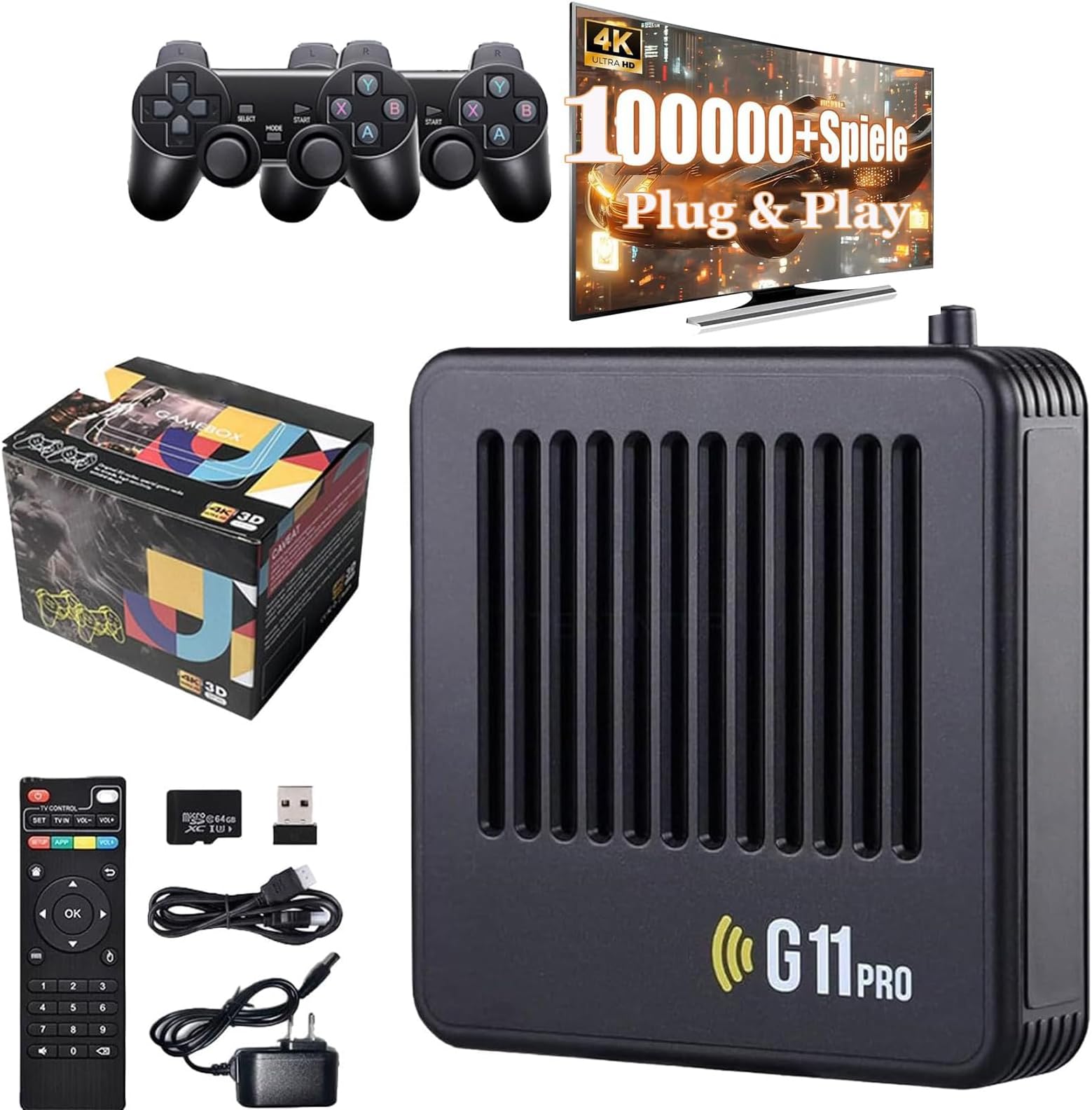 Retrowave G11 Pro 4K Retro Game Console, Plug And Play Video HDMI Game Stick With Dual Wireless Controllers, Retrowave Console,Black-64G/50000 Games