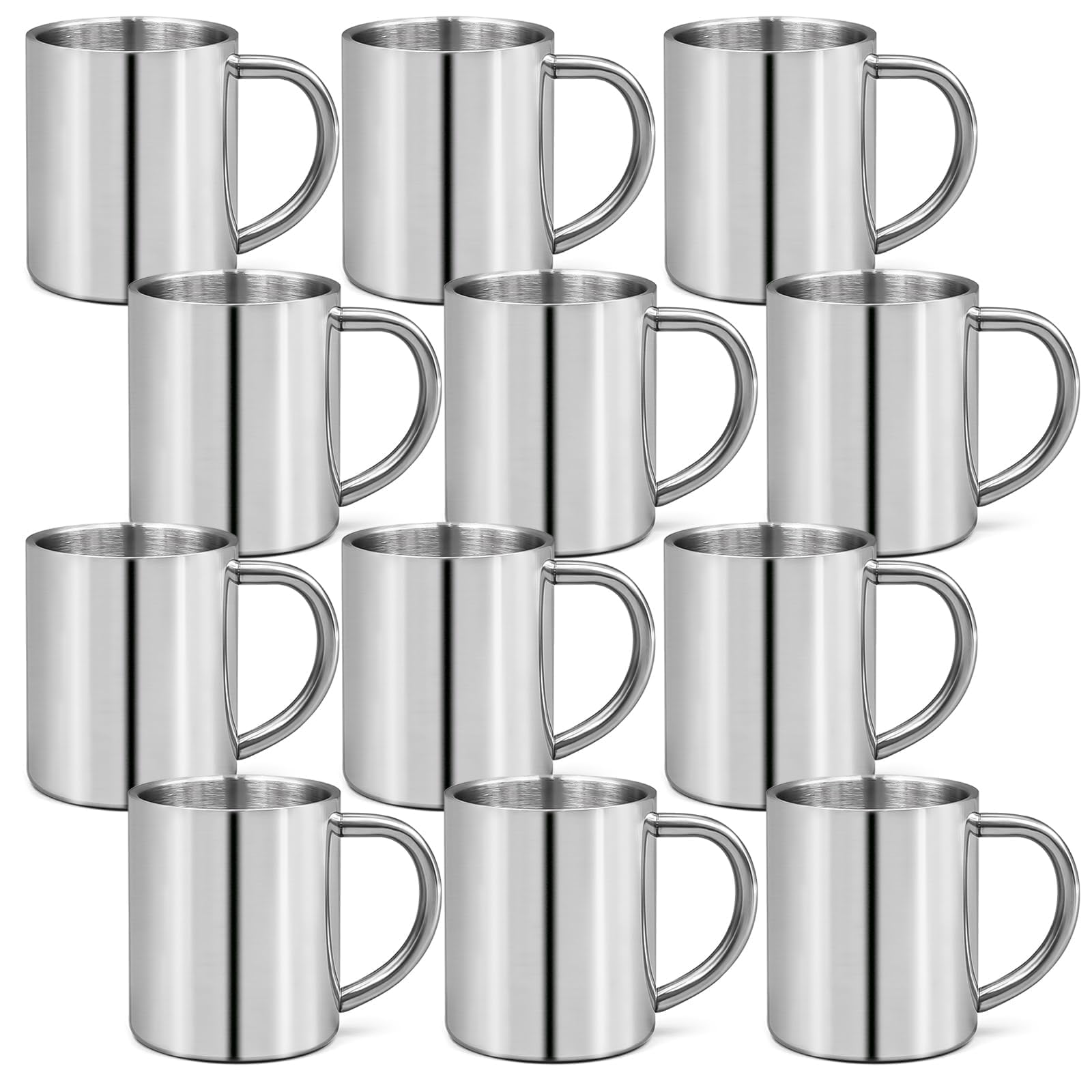 12 Stück 220ml Edelstahl Kaffeetassen, Doppelwandige Metallbecher mit Henkel – Isolierte Camping Tassen für Outdoor, Picknick, Reise, Zuhause, Wohnmobil – Spülmaschinenfest