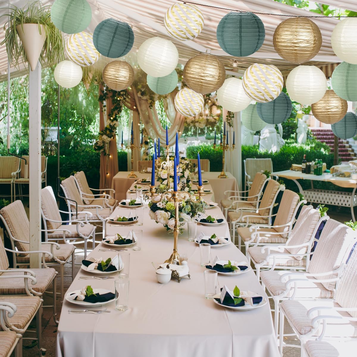 Paper Lanterns Party Decorations, Sage Green and Gold Hanging Paper Lanterns for Baby Shower Wedding Baptism Sage Green Birthday Party Decor Pack of 12 (Sage Green/Gold)